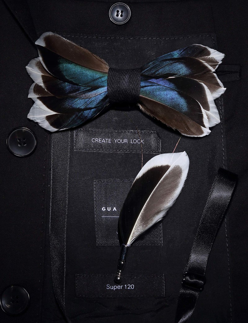 RBOCOTT Mens Handmade Feather Pre-tied Navy Bow tie and Brooch Sets (navy blue/brown) - Image 5